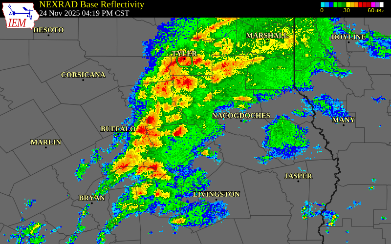 NEXRAD radar during the Monday, November 24, 2025 storm activity in Rusk County, Texas