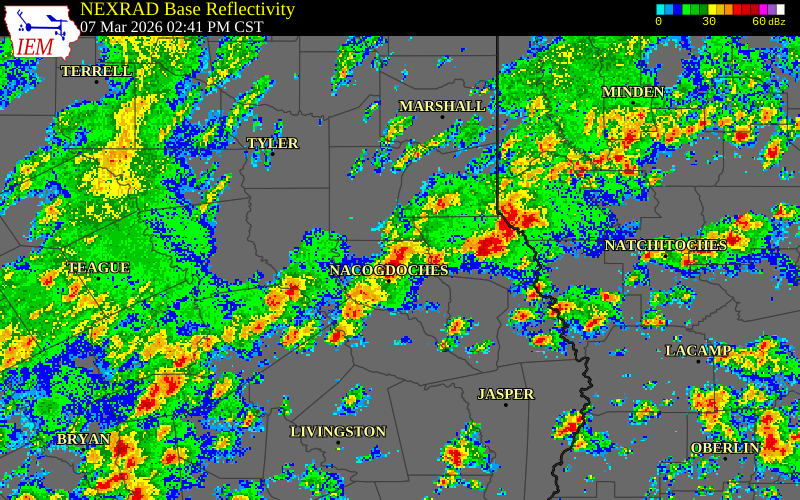 NEXRAD radar during the Saturday, March 7, 2026 storm activity in Rusk County, Texas