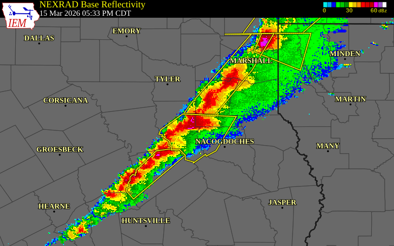 NEXRAD radar during the Sunday, March 15, 2026 storm activity in Rusk County, Texas