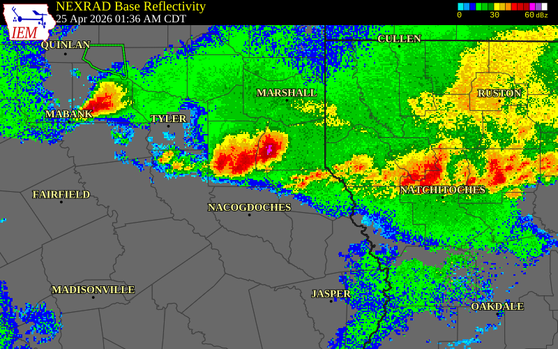 NEXRAD radar during the Saturday, April 25, 2026 storm activity in Rusk County, Texas