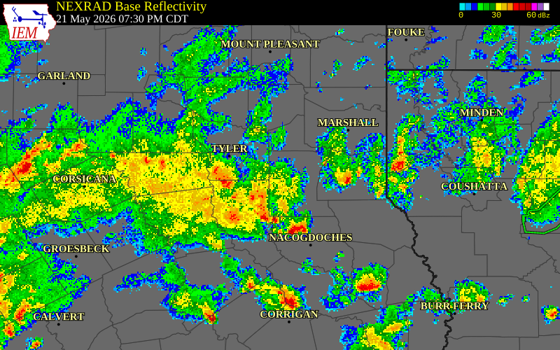 NEXRAD radar during the Thursday, May 21, 2026 storm activity in Rusk County, Texas