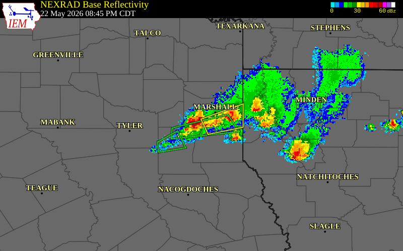 NEXRAD radar during the Friday, May 22, 2026 storm activity in Rusk County, Texas