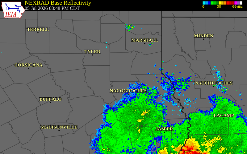 NEXRAD radar during the Sunday, July 5, 2026 storm activity in Rusk County, Texas