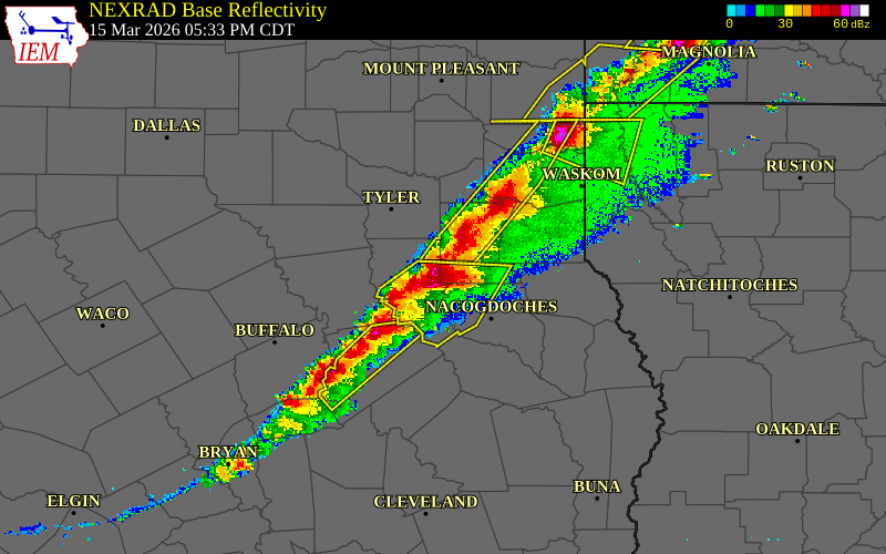 Radar snapshot during the Mar 15, 2026 hail event near 2 NNE Reklaw, Rusk County, Texas, with NWS warning polygons
