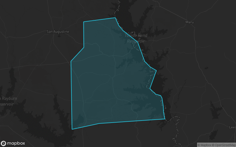 Map of Sabine County, Texas showing the county boundary and surrounding cities