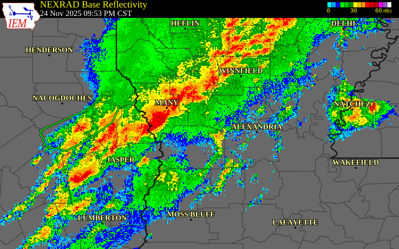 NEXRAD radar during the Monday, November 24, 2025 storm activity in Sabine County, Texas
