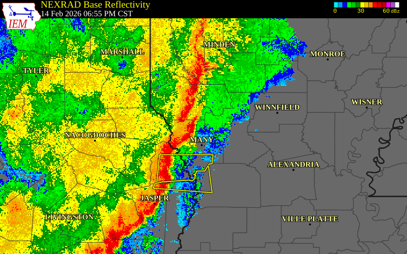 NEXRAD radar during the Saturday, February 14, 2026 storm activity in Sabine County, Texas