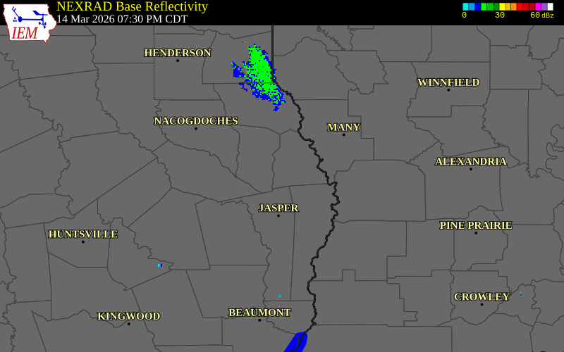 NEXRAD radar during the Saturday, March 14, 2026 storm activity in Sabine County, Texas