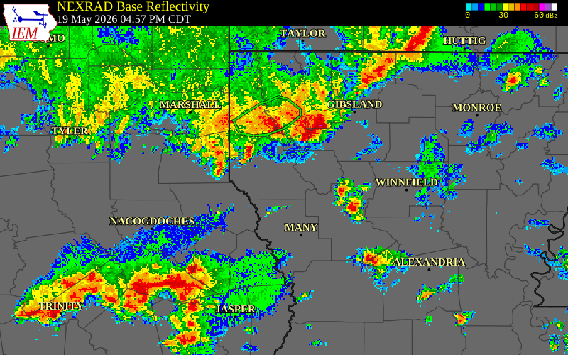 NEXRAD radar during the Tuesday, May 19, 2026 storm activity in Sabine County, Texas