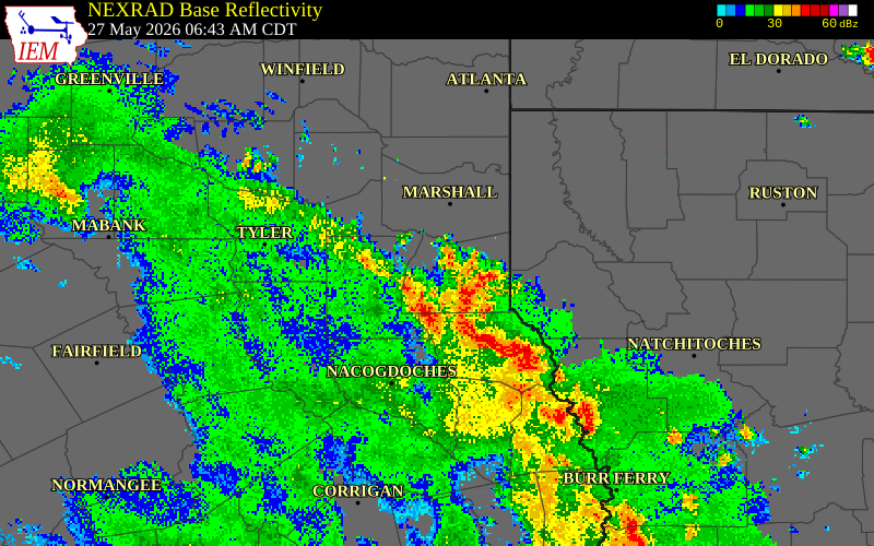 NEXRAD radar during the Wednesday, May 27, 2026 storm activity in Sabine County, Texas
