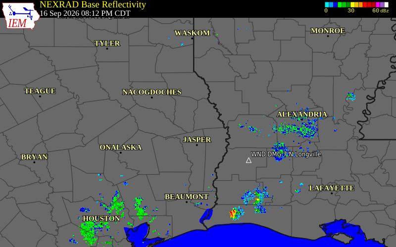 Current NEXRAD radar over Sabine County, Texas with recent storm report locations