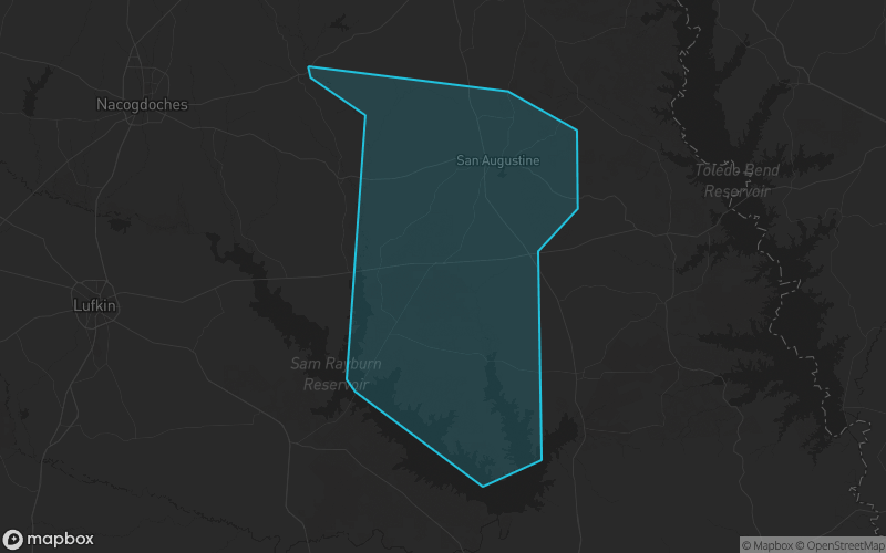 Map of San Augustine County, Texas showing the county boundary and surrounding cities