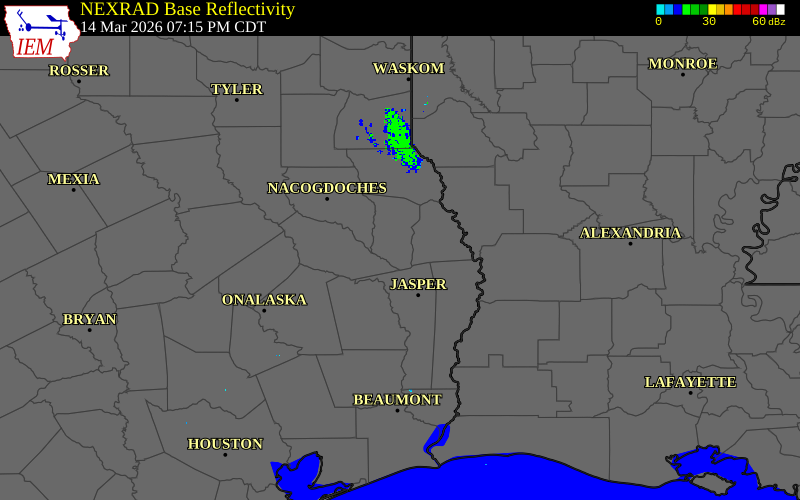Radar snapshot during the Mar 15, 2026 hail event near 7 SE Chireno, San Augustine County, Texas, with NWS warning polygons