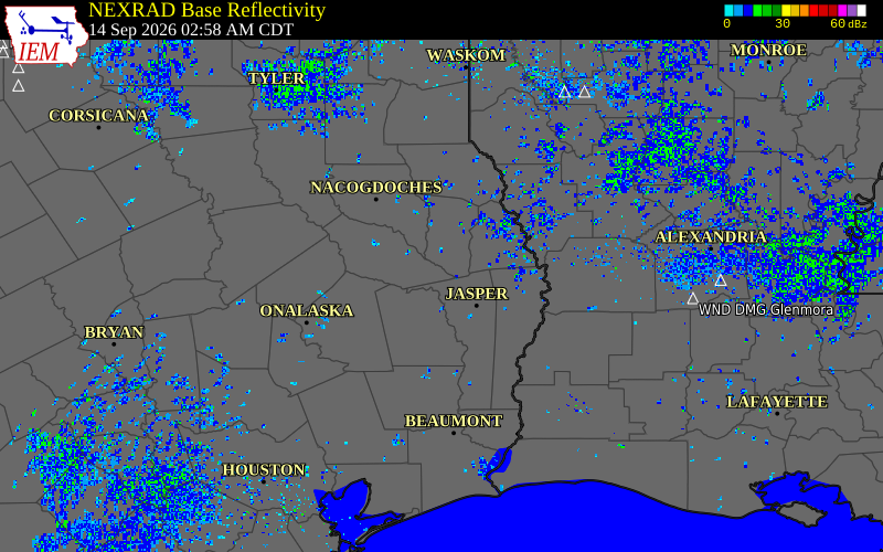 Current NEXRAD radar over San Augustine County, Texas with recent storm report locations