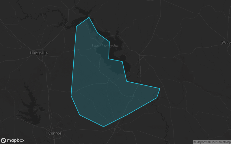 Map of San Jacinto County, Texas showing the county boundary and surrounding cities