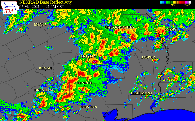 NEXRAD radar during the Saturday, March 7, 2026 storm activity in San Jacinto County, Texas