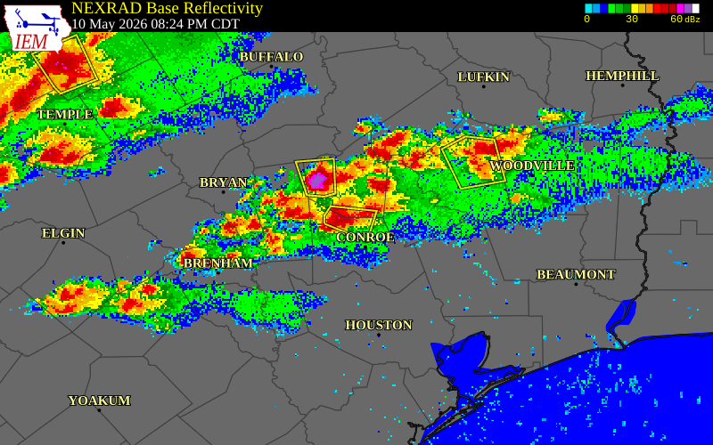 NEXRAD radar during the Sunday, May 10, 2026 storm activity in San Jacinto County, Texas