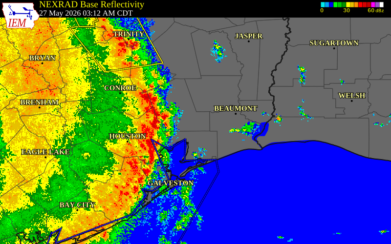 NEXRAD radar during the Wednesday, May 27, 2026 storm activity in San Jacinto County, Texas
