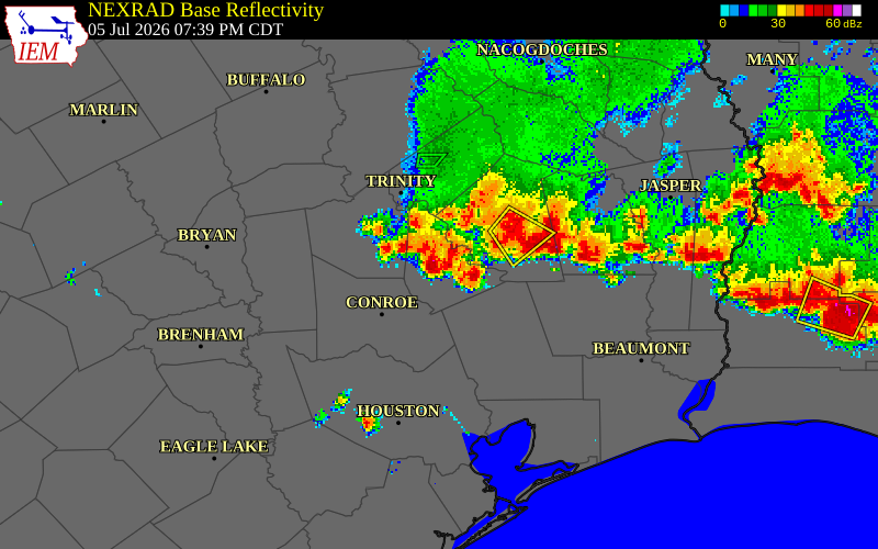 NEXRAD radar during the Sunday, July 5, 2026 storm activity in San Jacinto County, Texas