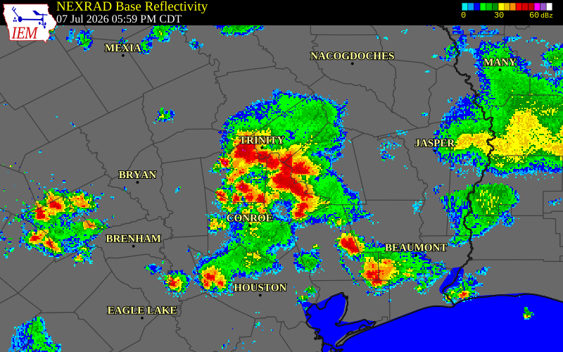 NEXRAD radar during the Tuesday, July 7, 2026 storm activity in San Jacinto County, Texas