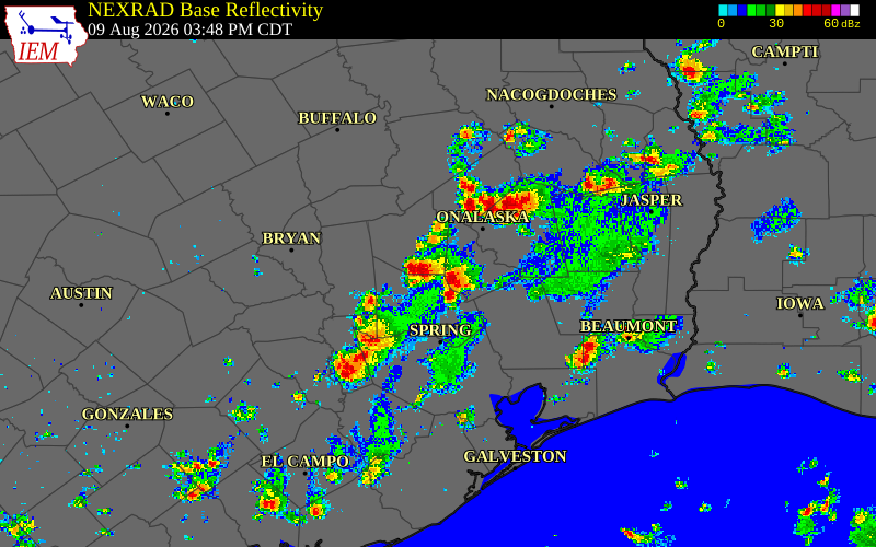 Radar snapshot during the Aug 9, 2026 wind event near San Jacinto County, San Jacinto County, Texas, with NWS warning polygons