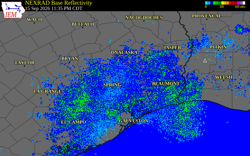 Current NEXRAD radar over San Jacinto County, Texas with recent storm report locations