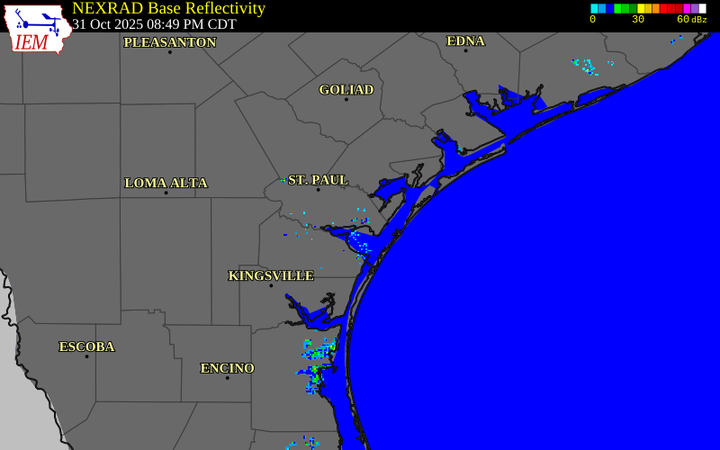 NEXRAD radar during the Friday, October 31, 2025 storm activity in San Patricio County, Texas