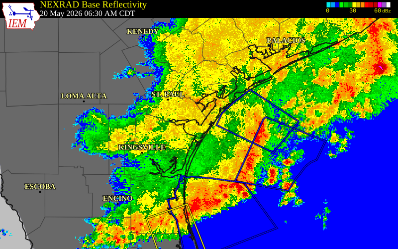 NEXRAD radar during the Wednesday, May 20, 2026 storm activity in San Patricio County, Texas