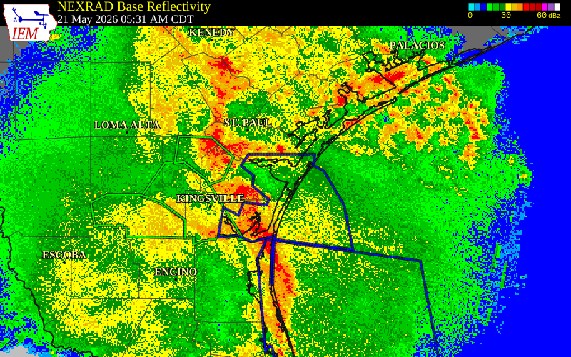NEXRAD radar during the Thursday, May 21, 2026 storm activity in San Patricio County, Texas