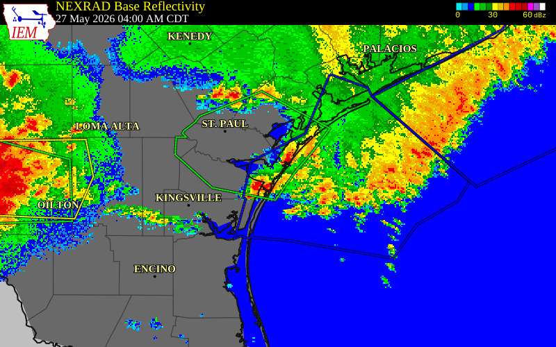 NEXRAD radar during the Wednesday, May 27, 2026 storm activity in San Patricio County, Texas