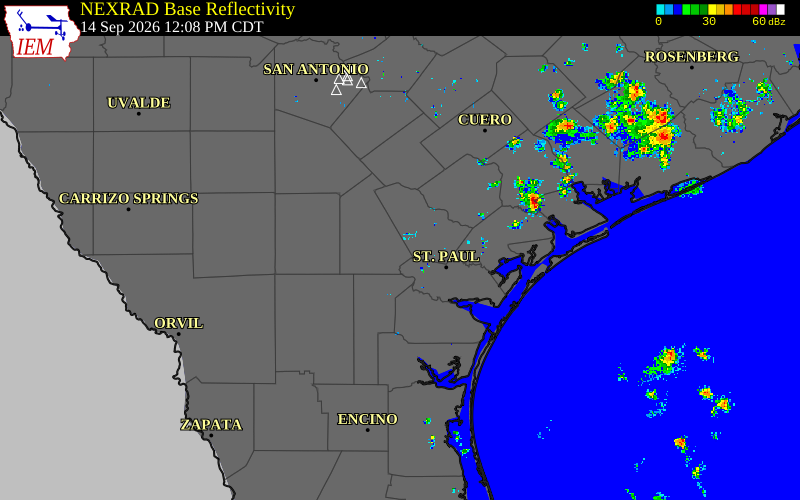 Current NEXRAD radar over San Patricio County, Texas with recent storm report locations