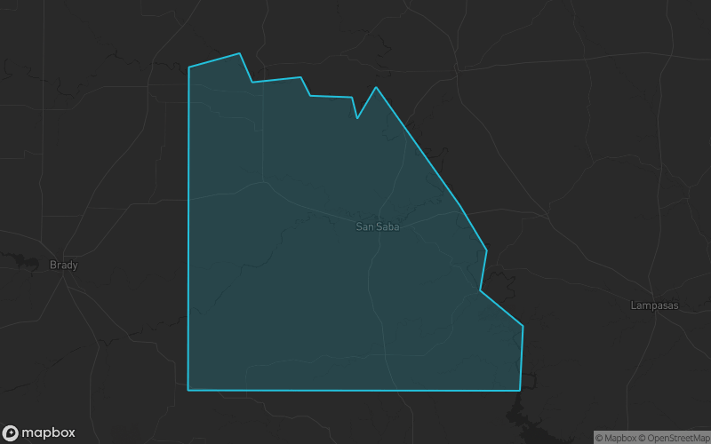 Map of San Saba County, Texas showing the county boundary and surrounding cities