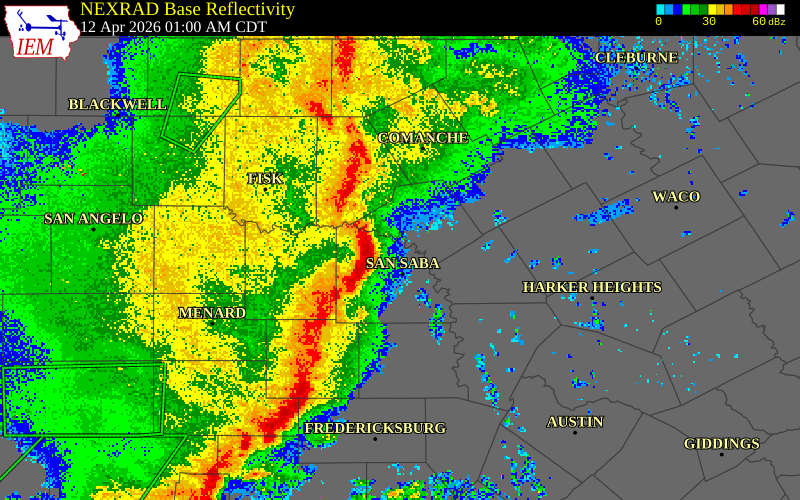 NEXRAD radar during the Sunday, April 12, 2026 storm activity in San Saba County, Texas