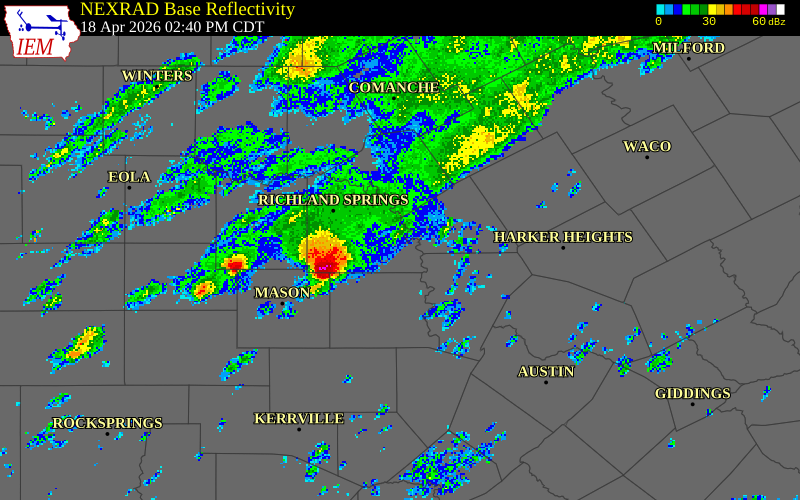 NEXRAD radar during the Saturday, April 18, 2026 storm activity in San Saba County, Texas