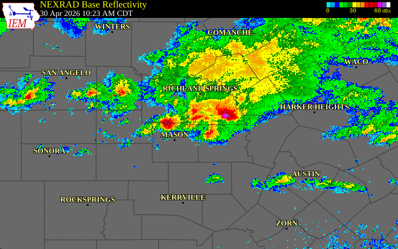 NEXRAD radar during the Thursday, April 30, 2026 storm activity in San Saba County, Texas