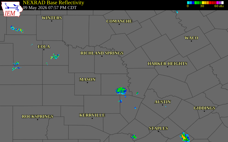 NEXRAD radar during the Saturday, May 9, 2026 storm activity in San Saba County, Texas