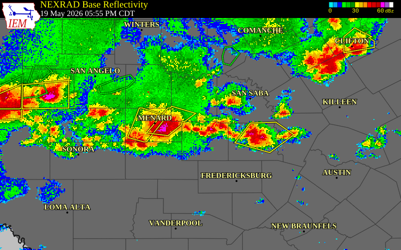 NEXRAD radar during the Tuesday, May 19, 2026 storm activity in San Saba County, Texas