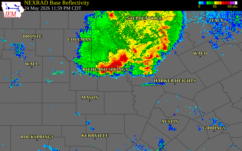 NEXRAD radar during the Sunday, May 24, 2026 storm activity in San Saba County, Texas