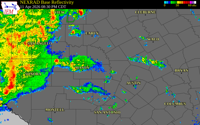 Radar snapshot during the Apr 11, 2026 hail event near 1 W Cherokee, San Saba County, Texas, with NWS warning polygons