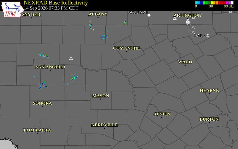 Current NEXRAD radar over San Saba County, Texas with recent storm report locations