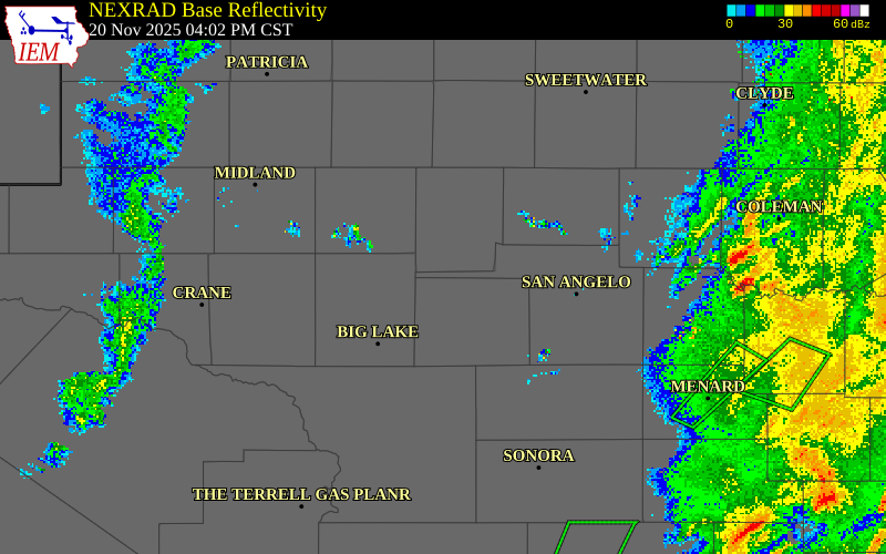 NEXRAD radar during the Thursday, November 20, 2025 storm activity in Schleicher County, Texas