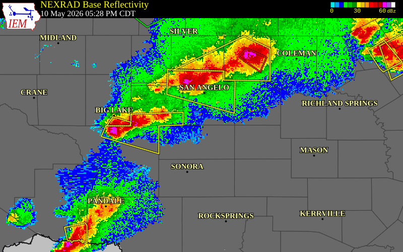 NEXRAD radar during the Sunday, May 10, 2026 storm activity in Schleicher County, Texas