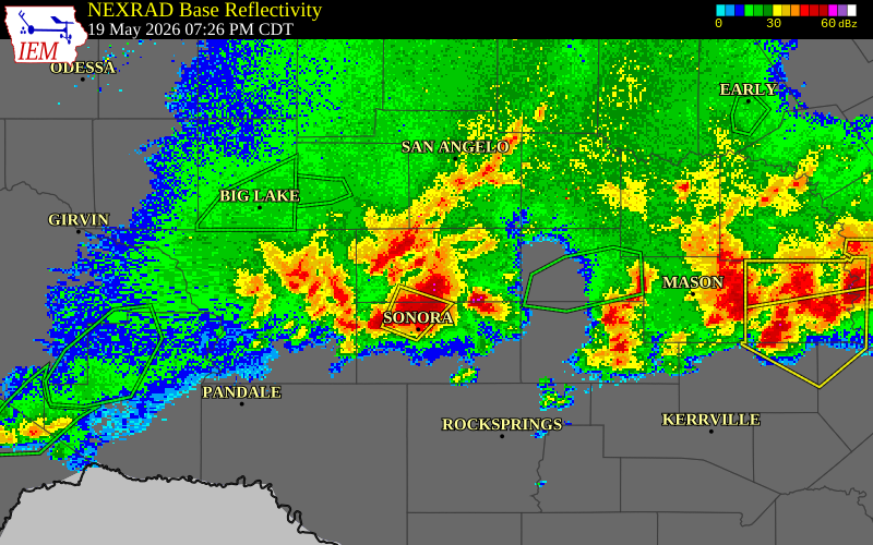 NEXRAD radar during the Tuesday, May 19, 2026 storm activity in Schleicher County, Texas
