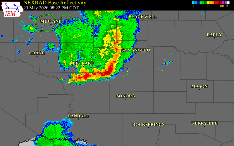 NEXRAD radar during the Saturday, May 23, 2026 storm activity in Schleicher County, Texas