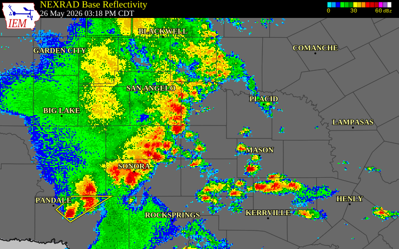 NEXRAD radar during the Tuesday, May 26, 2026 storm activity in Schleicher County, Texas