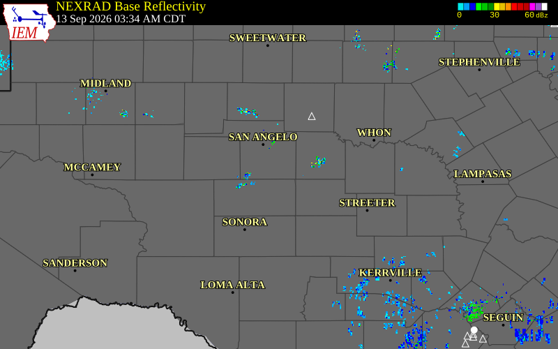 Current NEXRAD radar over Schleicher County, Texas with recent storm report locations