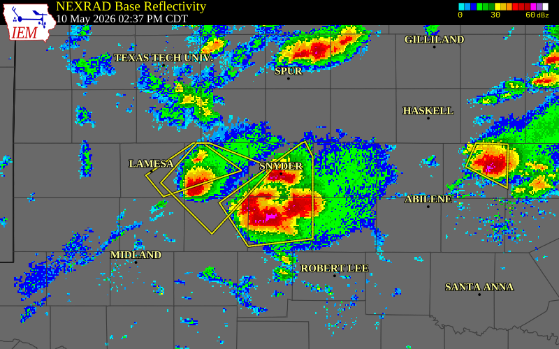 NEXRAD radar during the Sunday, May 10, 2026 storm activity in Scurry County, Texas
