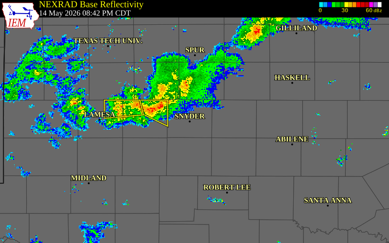 NEXRAD radar during the Thursday, May 14, 2026 storm activity in Scurry County, Texas