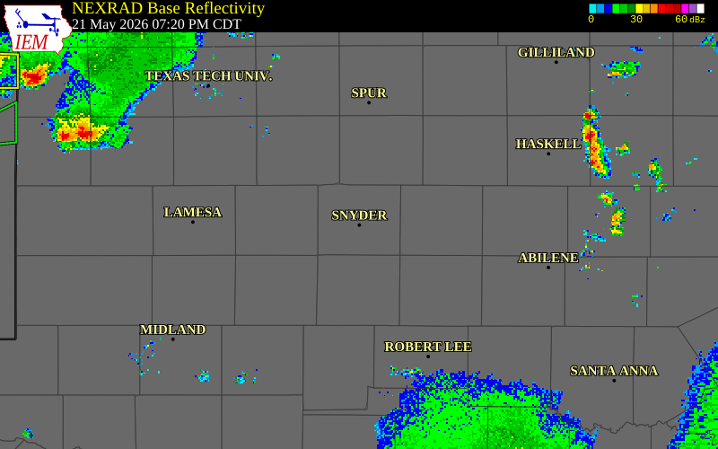 NEXRAD radar during the Thursday, May 21, 2026 storm activity in Scurry County, Texas
