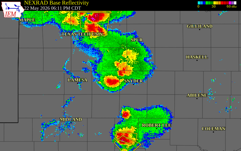 NEXRAD radar during the Friday, May 22, 2026 storm activity in Scurry County, Texas